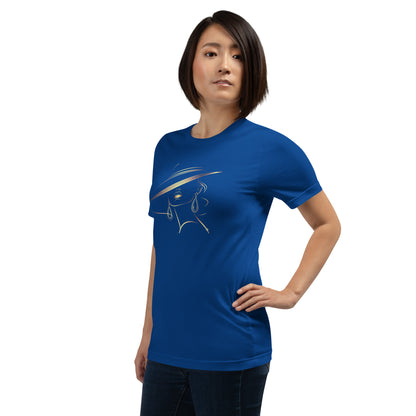 Minimalist Gold Line Art Elegant Woman T-Shirt - Mysterious Lady in Hat Graphic Tee