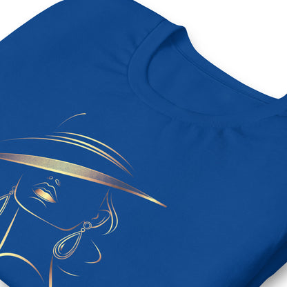 Minimalist Gold Line Art Elegant Woman T-Shirt - Mysterious Lady in Hat Graphic Tee