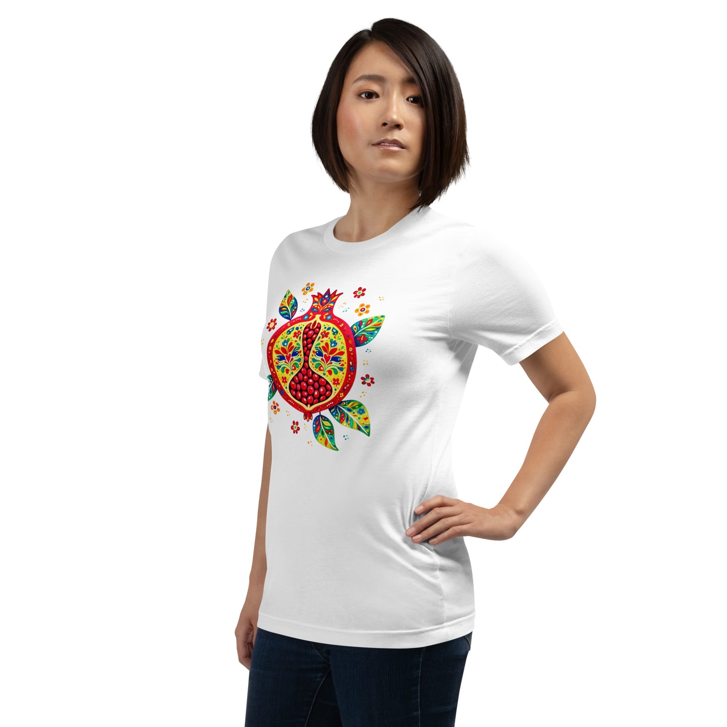Elyx "Vibrant Pomegranate" Folk Art Graphic Tee - Premium Soft Cotton T-Shirt for Women
